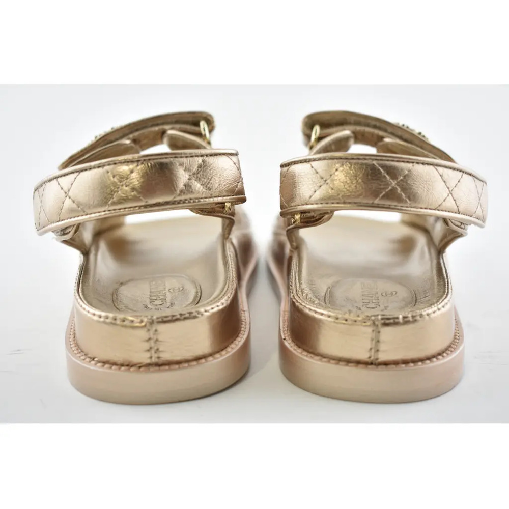Chanel 21C Bronze Quilted Chain CC Logo Mule Slide Strap Flat Teva Dad Sandal 37 - Picture 11 of 12